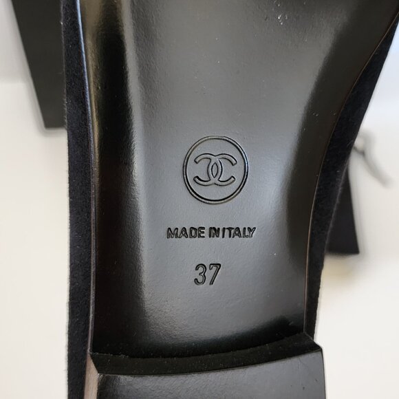 CHANEL Black Suede & Gold Cap Toe Ballet Flats - Size EU 37; Style # AG02819 - Picture 9 of 15